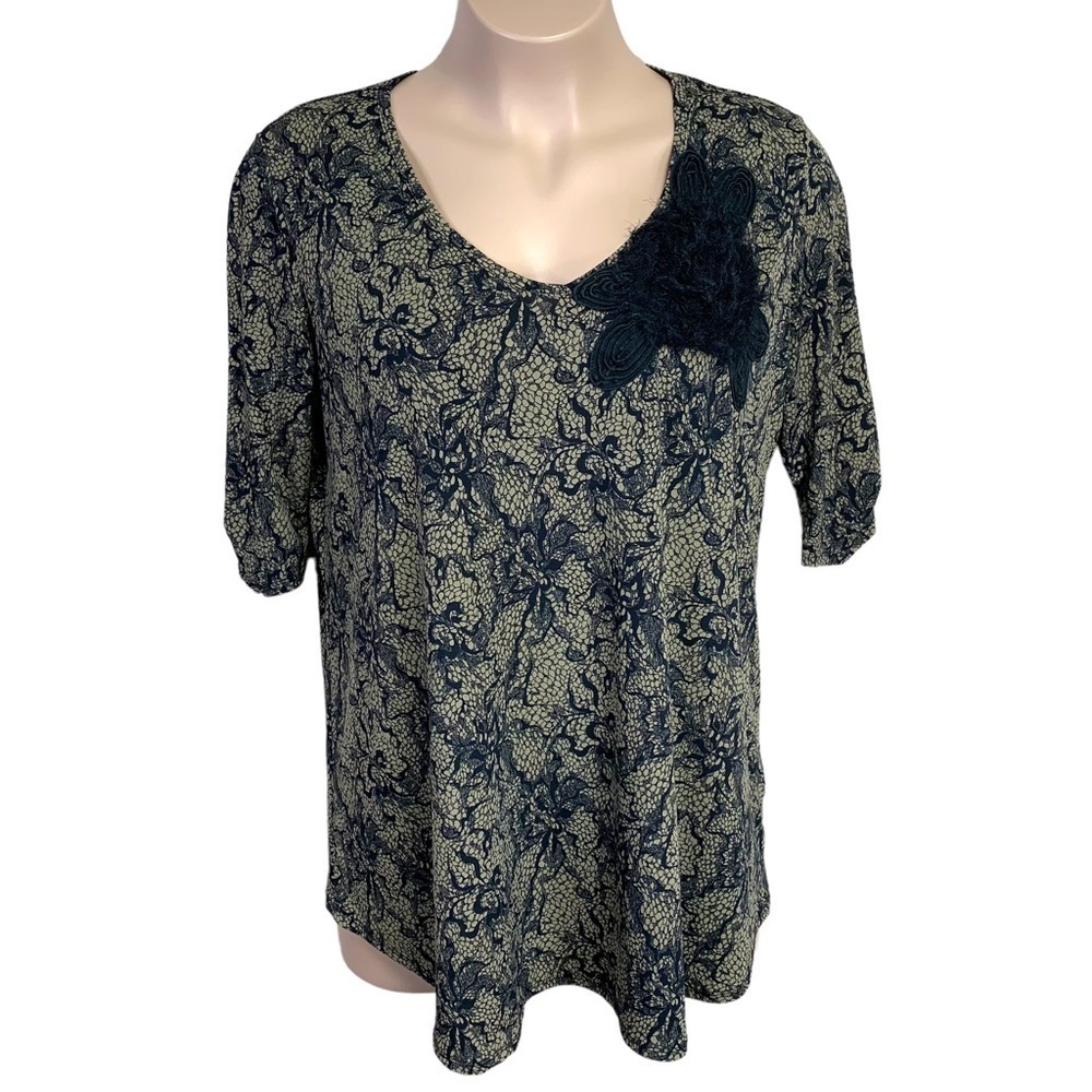 2x Bisou Bisou Beige Black Lace Stretch Blouse V Neck Stretch Top Plus